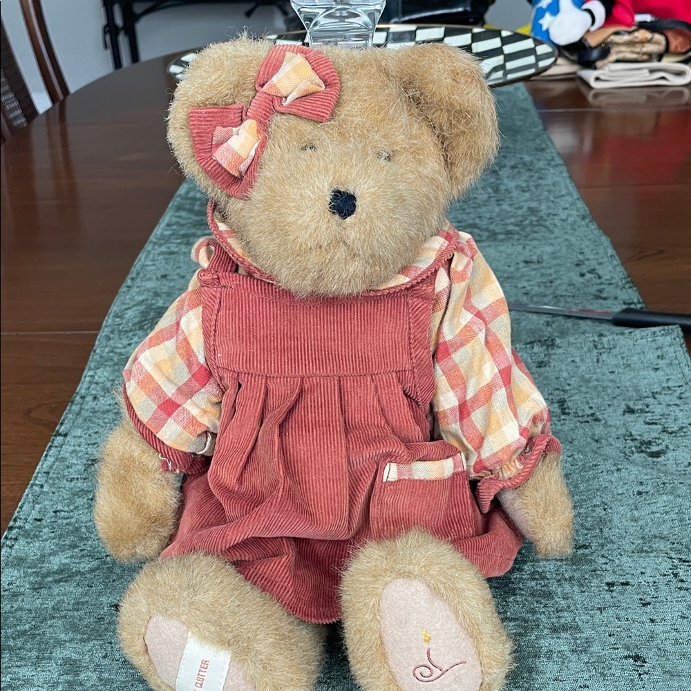 Plush Boyd’s Teddy Bear in Rust Corduroy Dress with Plaid Sleeves